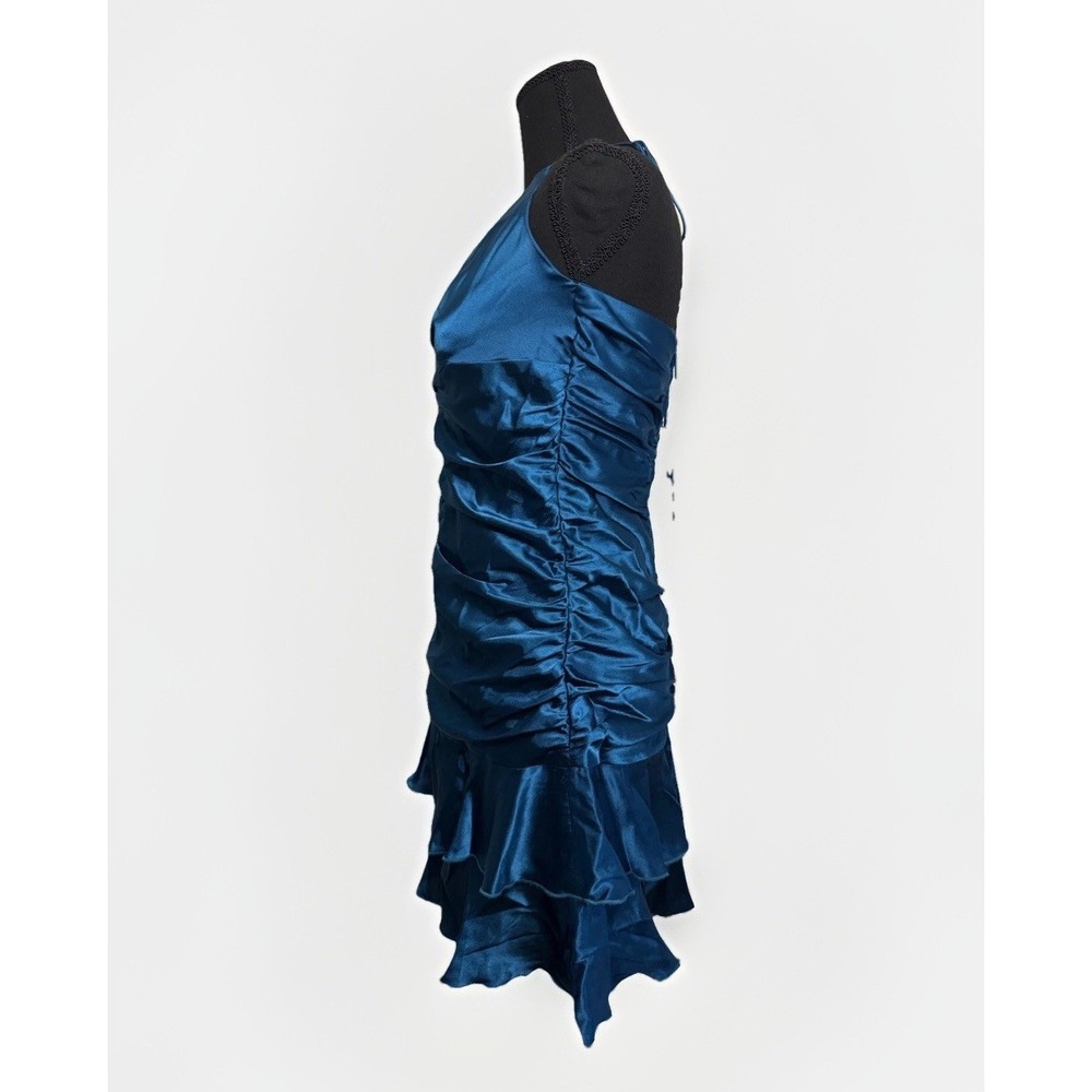 VTG 80s Teal Satin Ruched Halter Ruffle Mini Dress Size‎ 8 Medium Spring Formal - Picture 6 of 10